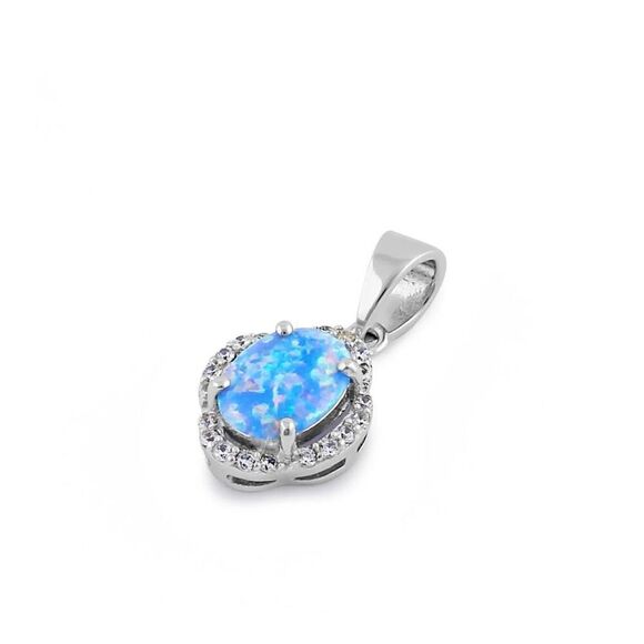 Sterling Silver Elegant Blue Lavender Lab Opal Oval Halo CZ Necklace Pendant New - Picture 1 of 4